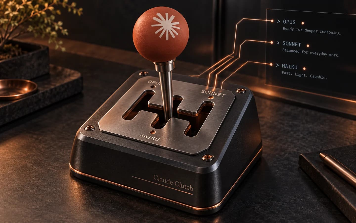 Claude Clutch concept: a terracotta Claude-inspired shift knob on a machined gearbox with Opus, Sonnet and Haiku model selectors